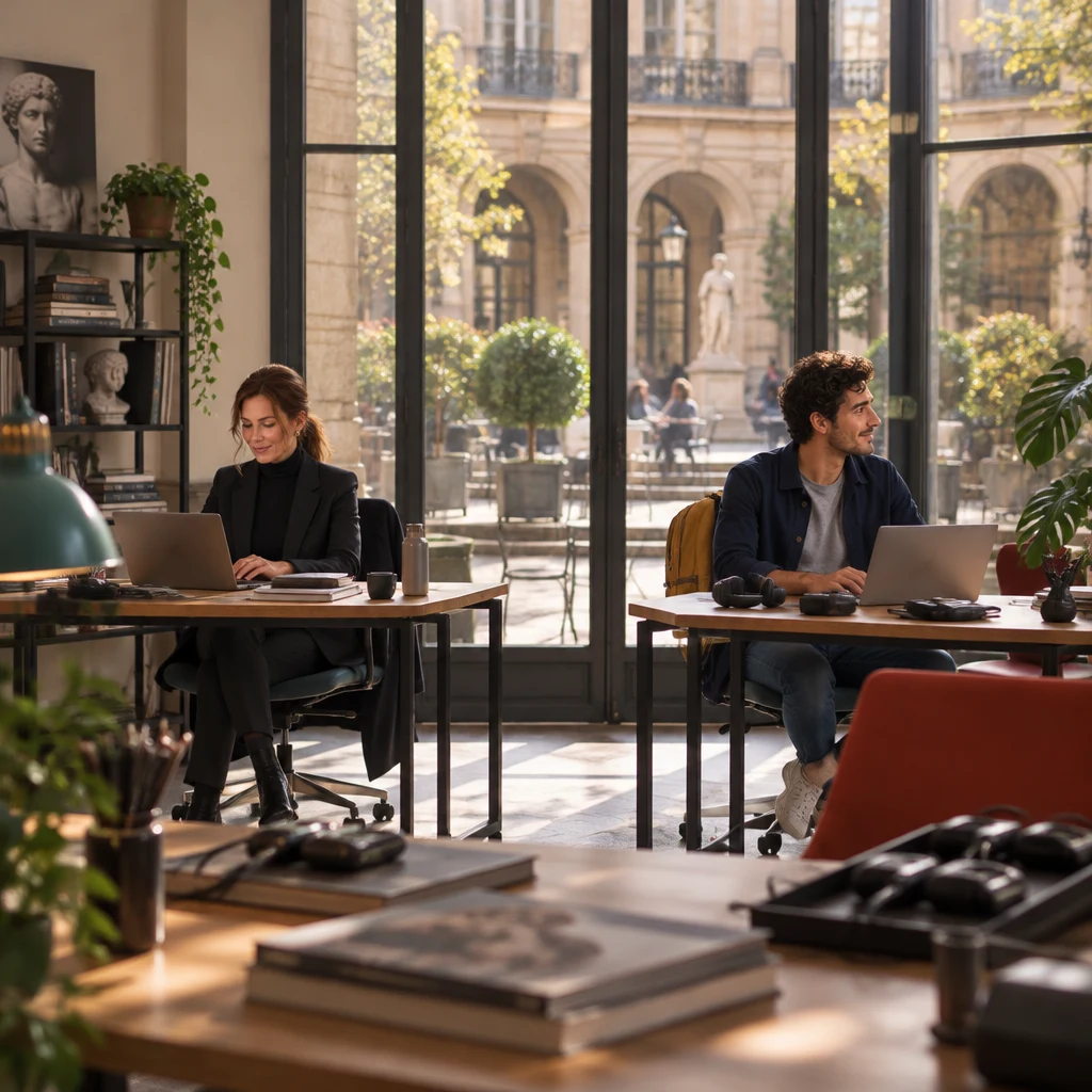 A small open office looks onto a courtyard while Claire works at a laptop and Sam sits at the next desk among headphones and museum-guide kits.