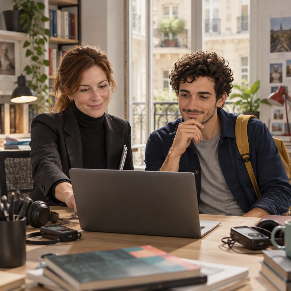 Claire turns a laptop toward Sam and rests one hand on the desk, calling the work back between them.