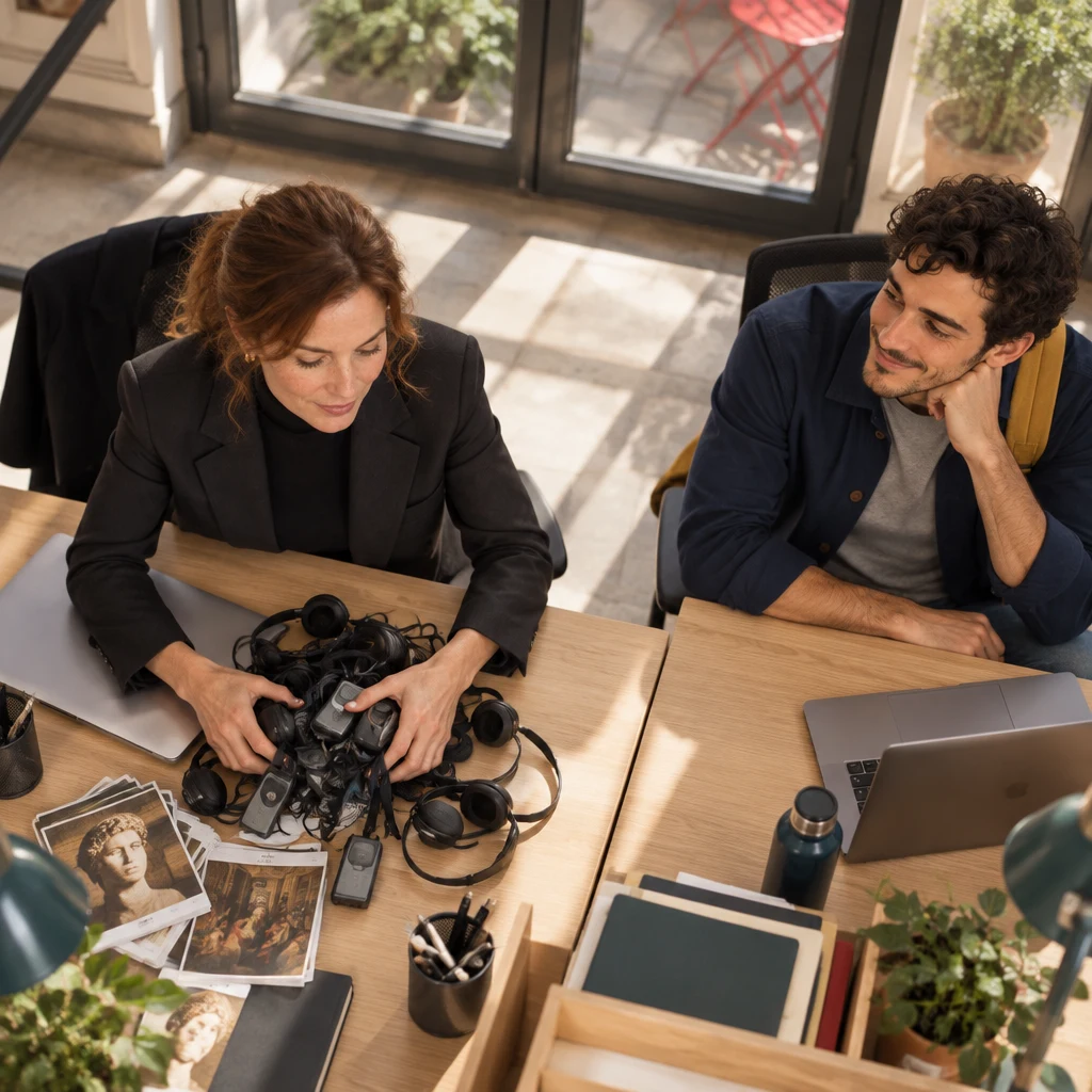 From high above, Claire sweeps scattered headphones and museum-guide kits into one neat pile while Sam waits at the next desk.