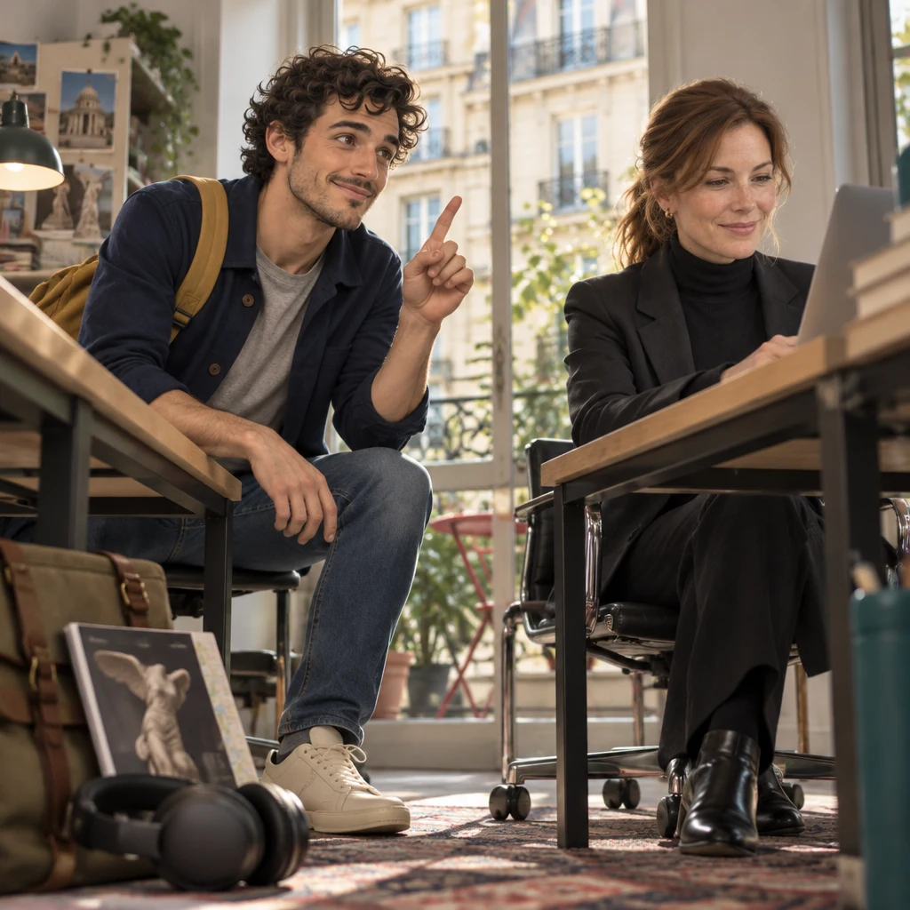 Sam leans in from his chair with one finger raised, adding a side point while Claire stays with the laptop.