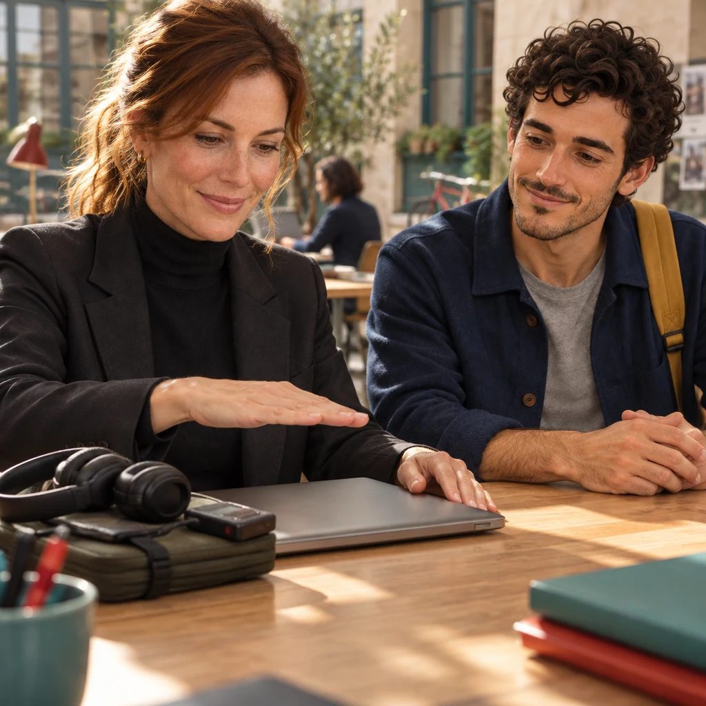 Claire holds one palm level over a closed laptop, keeping the work in place while Sam’s hands rest still on the next desk.