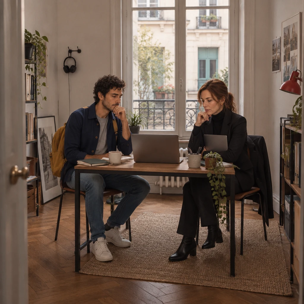 Sam and Claire sit idle at a small office desk with a laptop open between them.