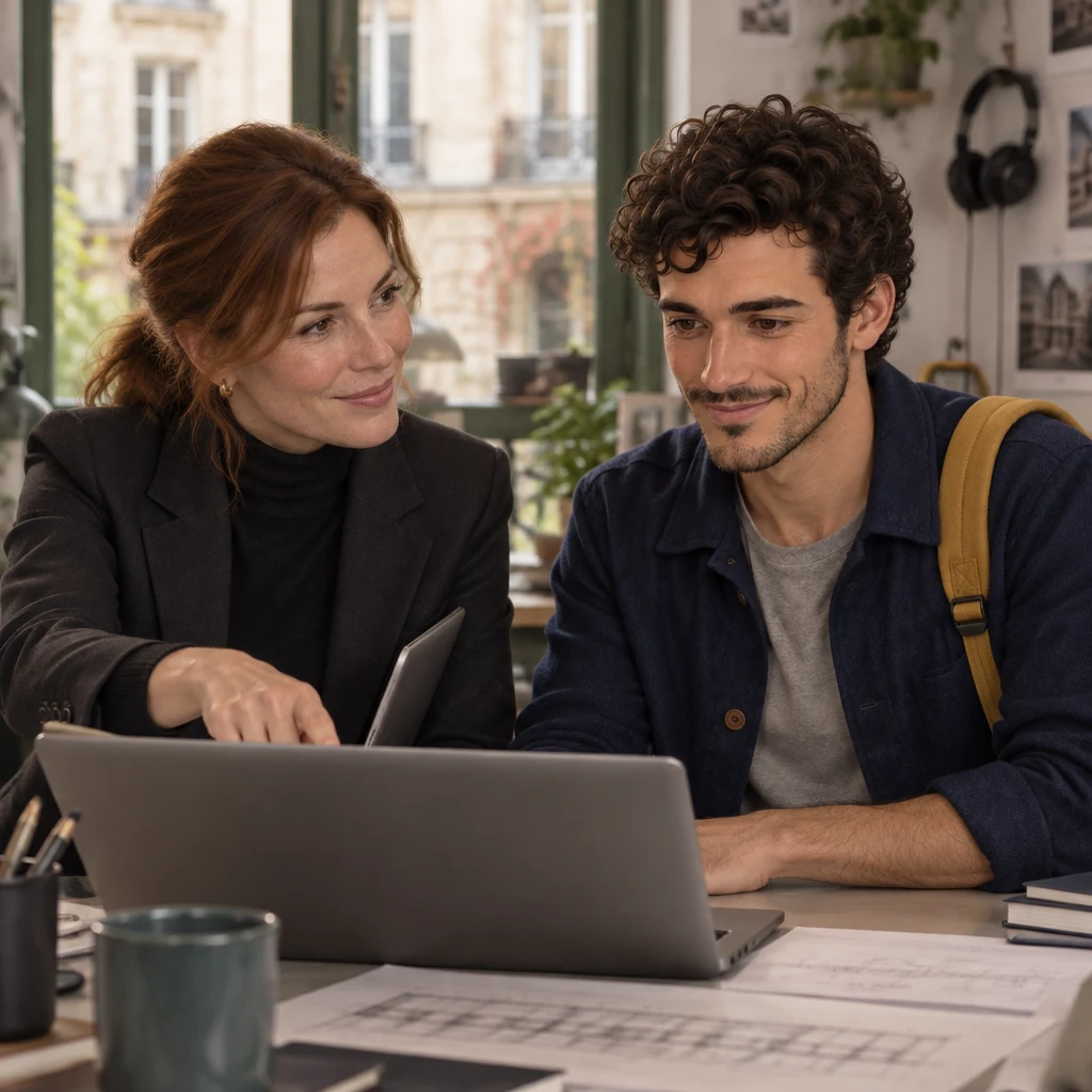 Claire leans in from the side of the laptop and hovers a finger above the screen while looking toward Sam.