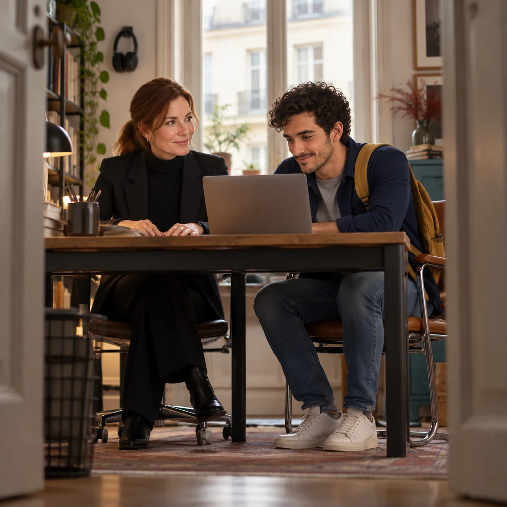 From the office doorway, Claire sits back with both hands on the desk and looks across at Sam.