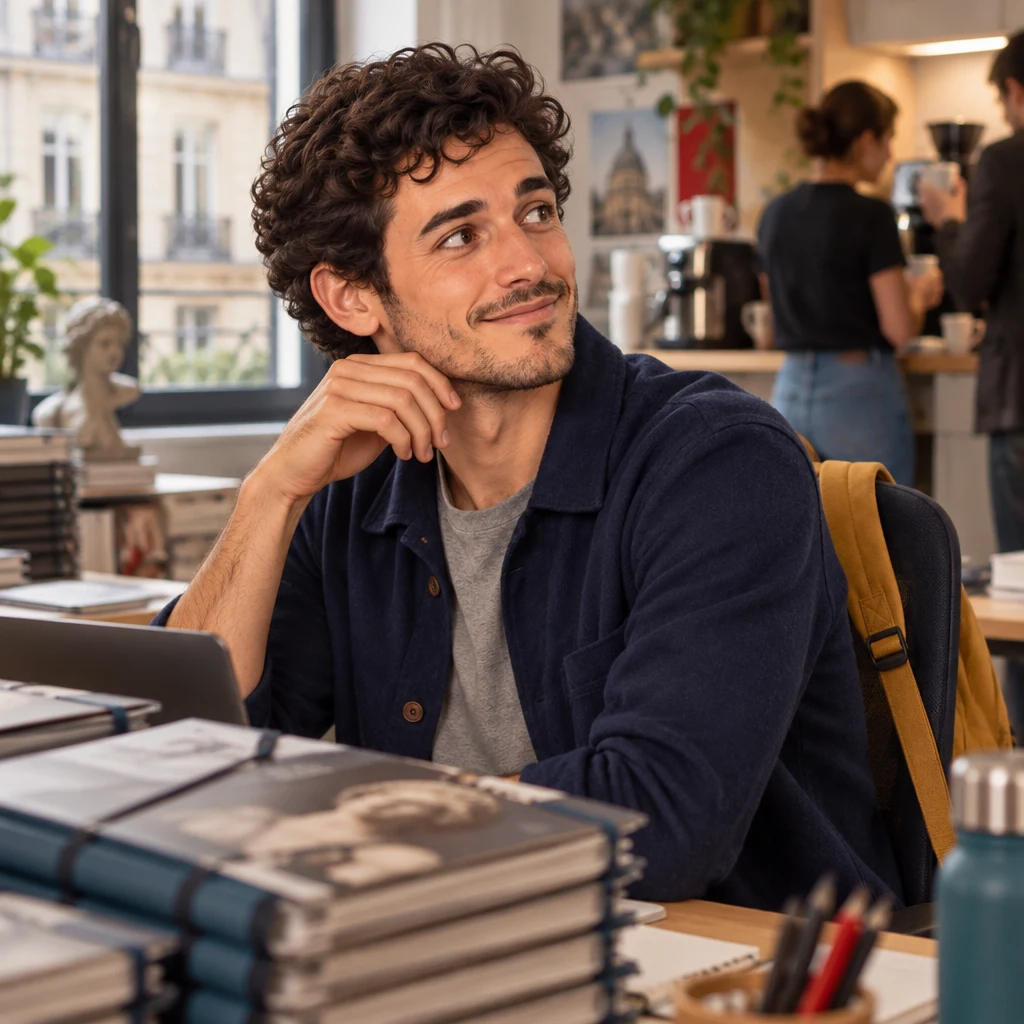A close-up of Sam seated at the desk among museum guide kits, looking toward the coffee corner.