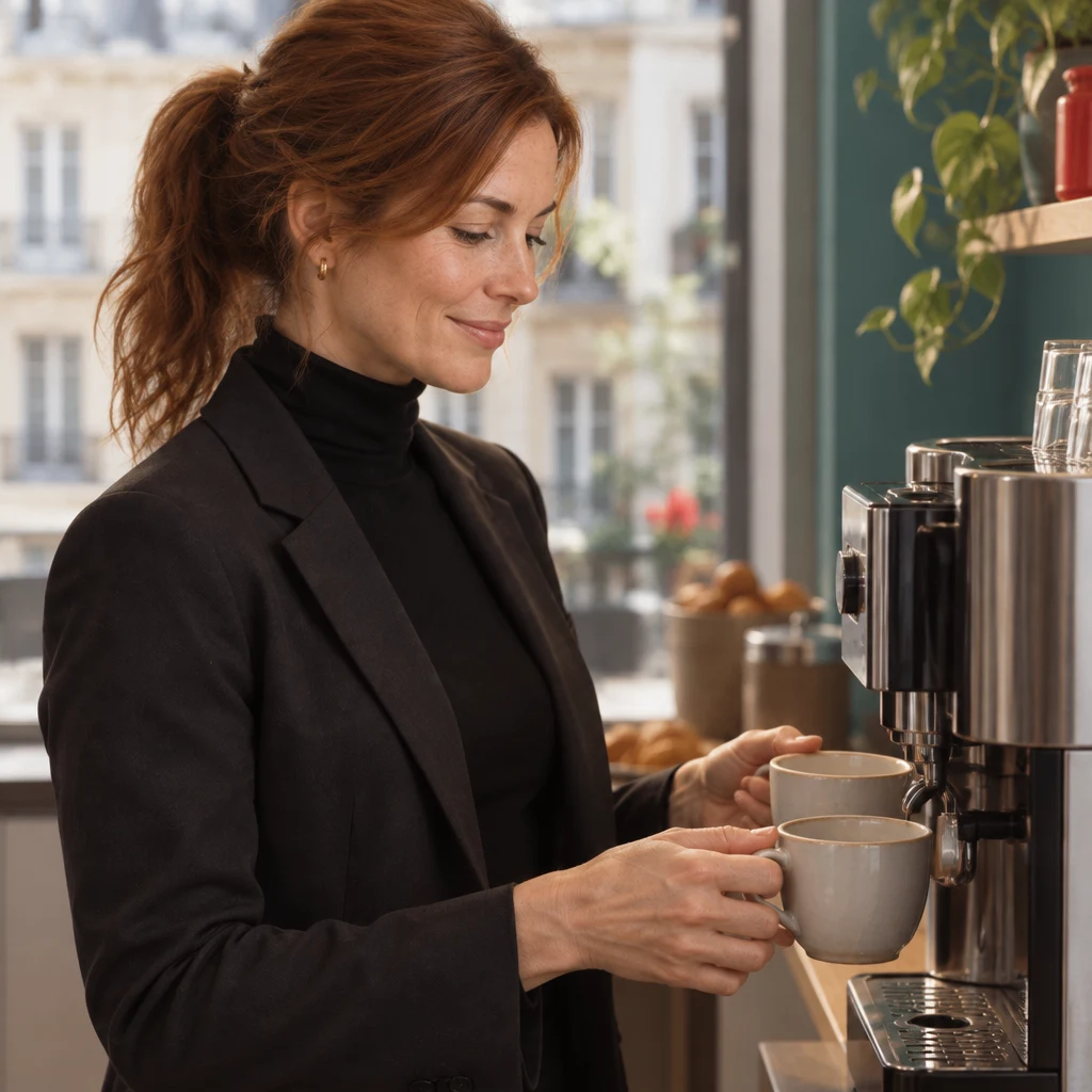 A close-up of two cups in Claire's hands held toward the coffee machine.
