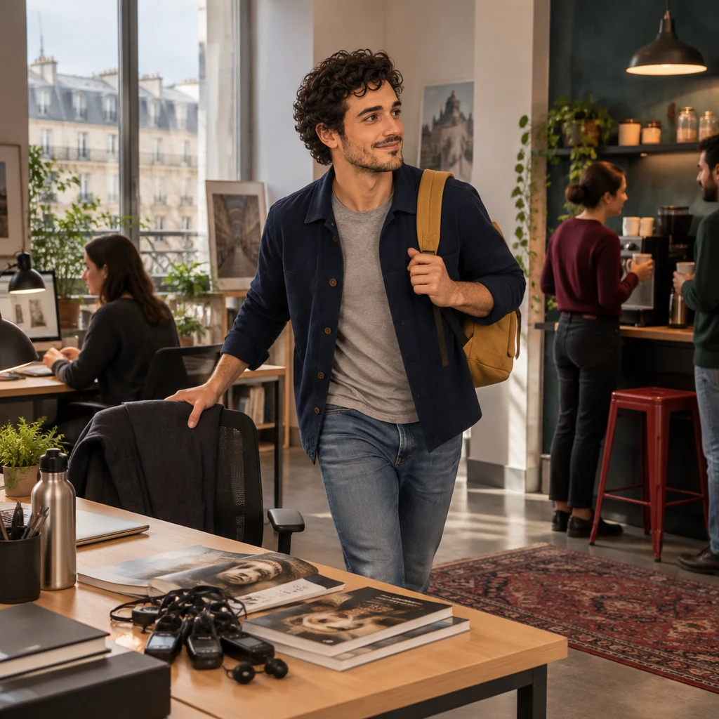 Sam leaving the desk with one hand on the pushed-out chair, turned toward the coffee corner.