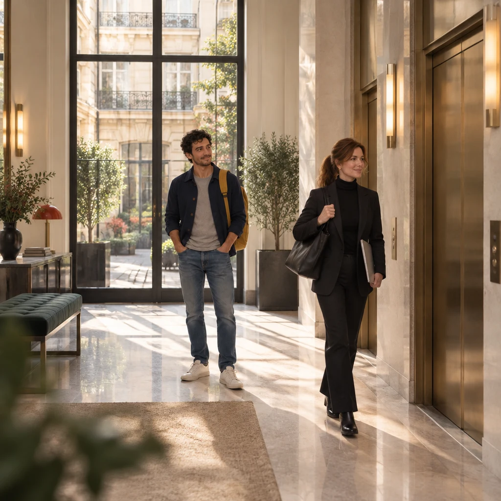 Sam stands in a small office lift lobby with a mustard backpack while Claire walks toward the lift with a laptop, bright courtyard light behind them.