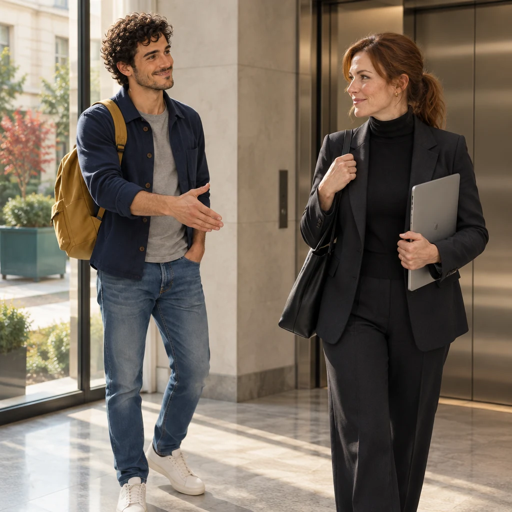 Sam holds out a hand in greeting toward Claire in the office lobby.