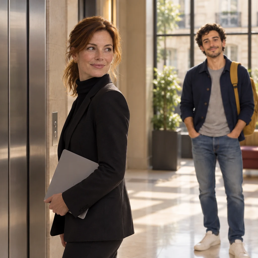 Claire pauses on the way to the lift, laptop under her arm, and turns back toward Sam.