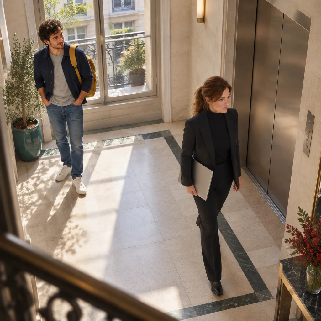 Sam steps back toward the courtyard window to give Claire room to reach the lift.