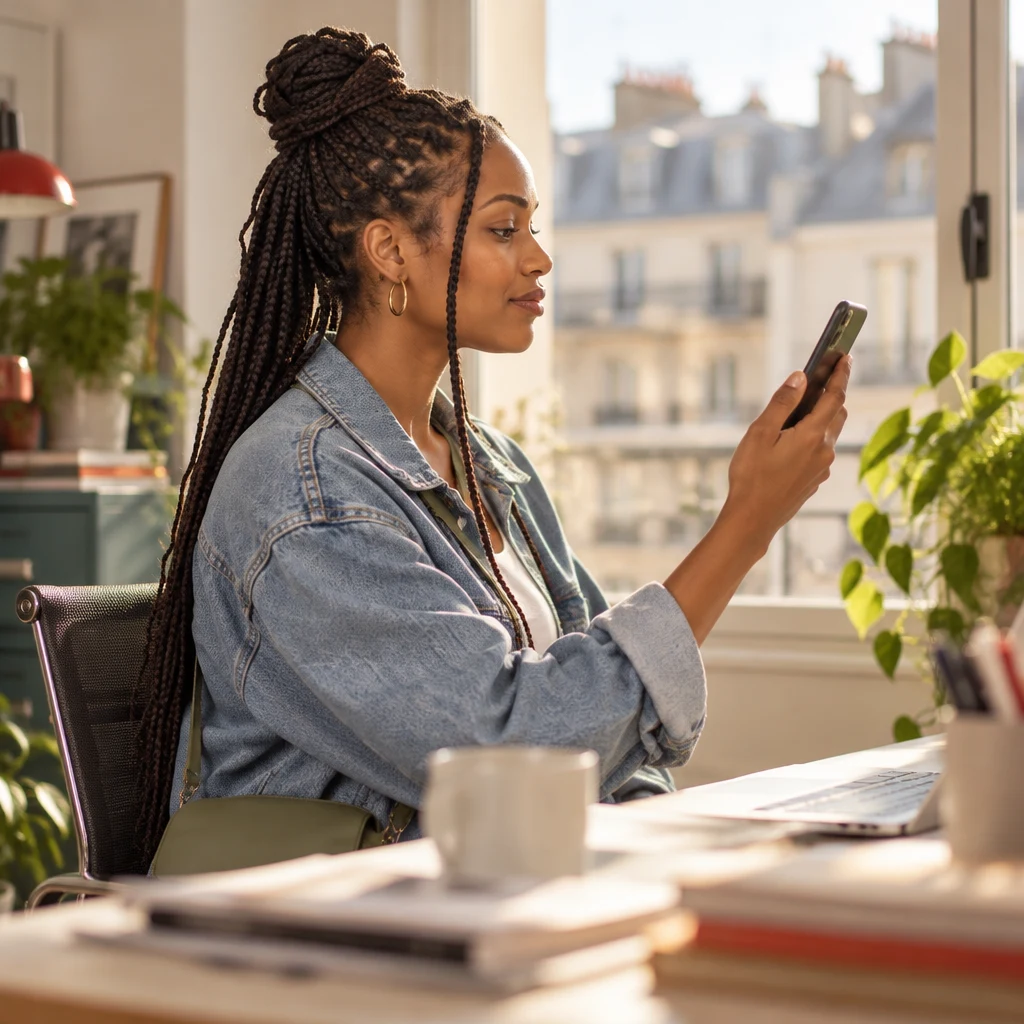 Profile of Inès in a bright office holding a phone away from her ear and checking the dead line.