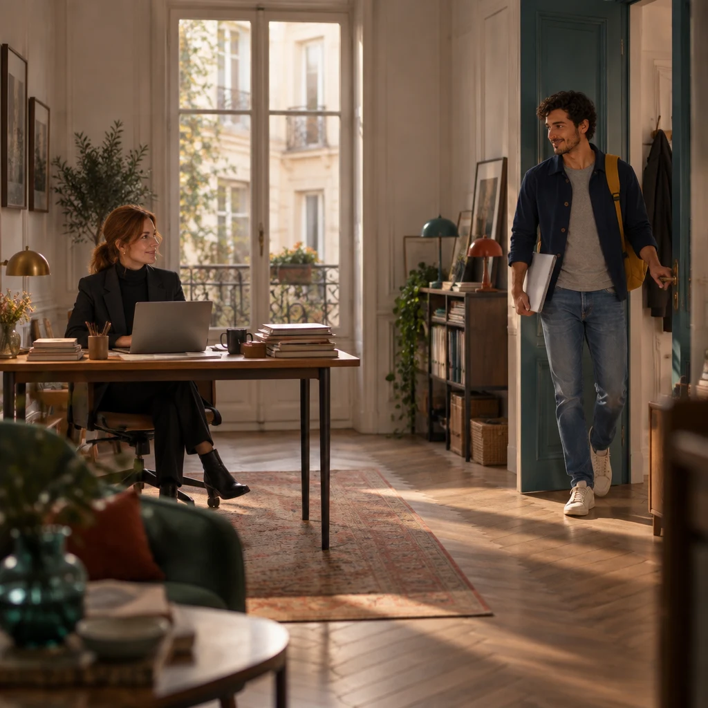 Wide view of a small office in late afternoon, Claire at a desk with a laptop and a stack of kits while Sam walks in with a folder.