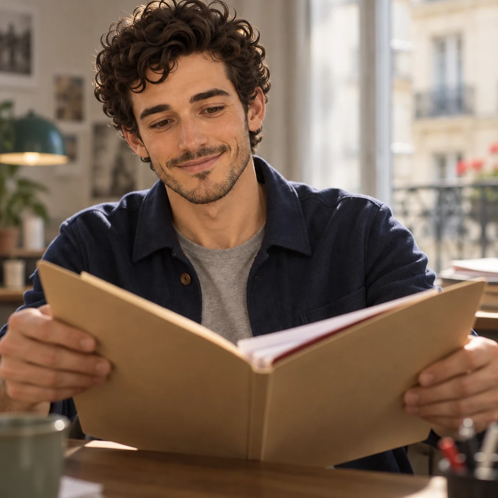 Close-up of Sam opening a folder toward the camera as if the missing file has been found.