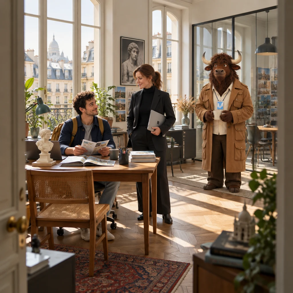 A small Paris office in morning sun with Sam, Claire, and Gaspard; a museum-guide kit sits on the desk.