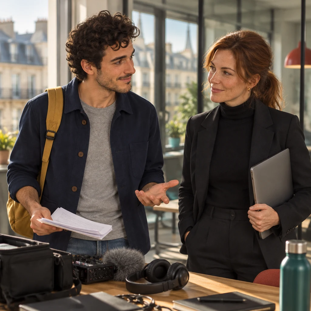 Sam turns toward Claire with notes in one hand and a questioning gesture about setting a meeting.