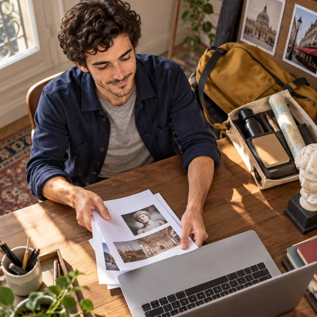 Sam sits at the desk, sliding pages toward a blank laptop as if sending the agenda.