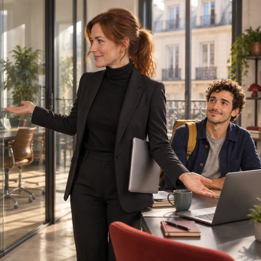 Claire stands in profile between a glass meeting room and a laptop, offering a choice of a room or a video call.