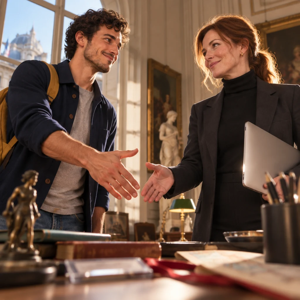 Sam leans across the desk toward Claire with a confirming nod and an open hand to lock in the plan.