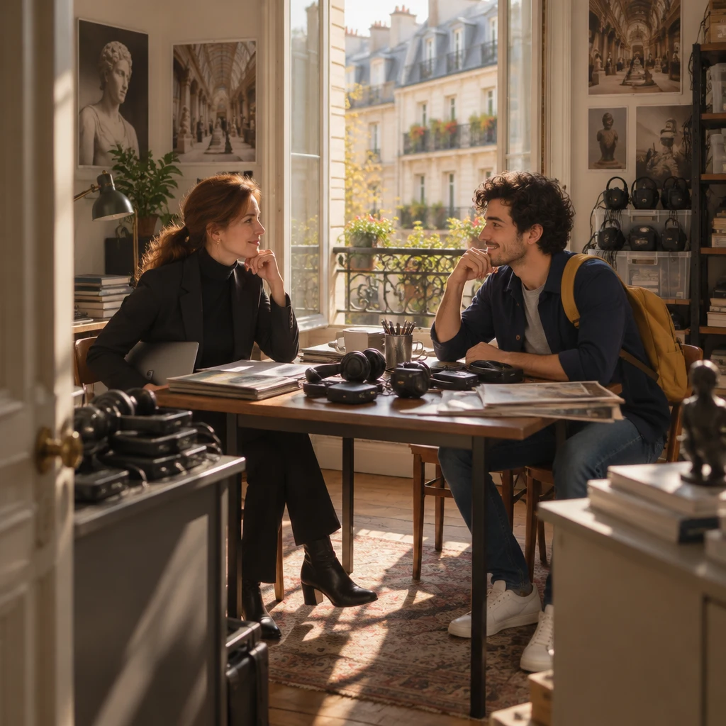 Wide view of Claire's small office over a sunlit courtyard, with Sam and Claire still in a long audio-guide meeting.