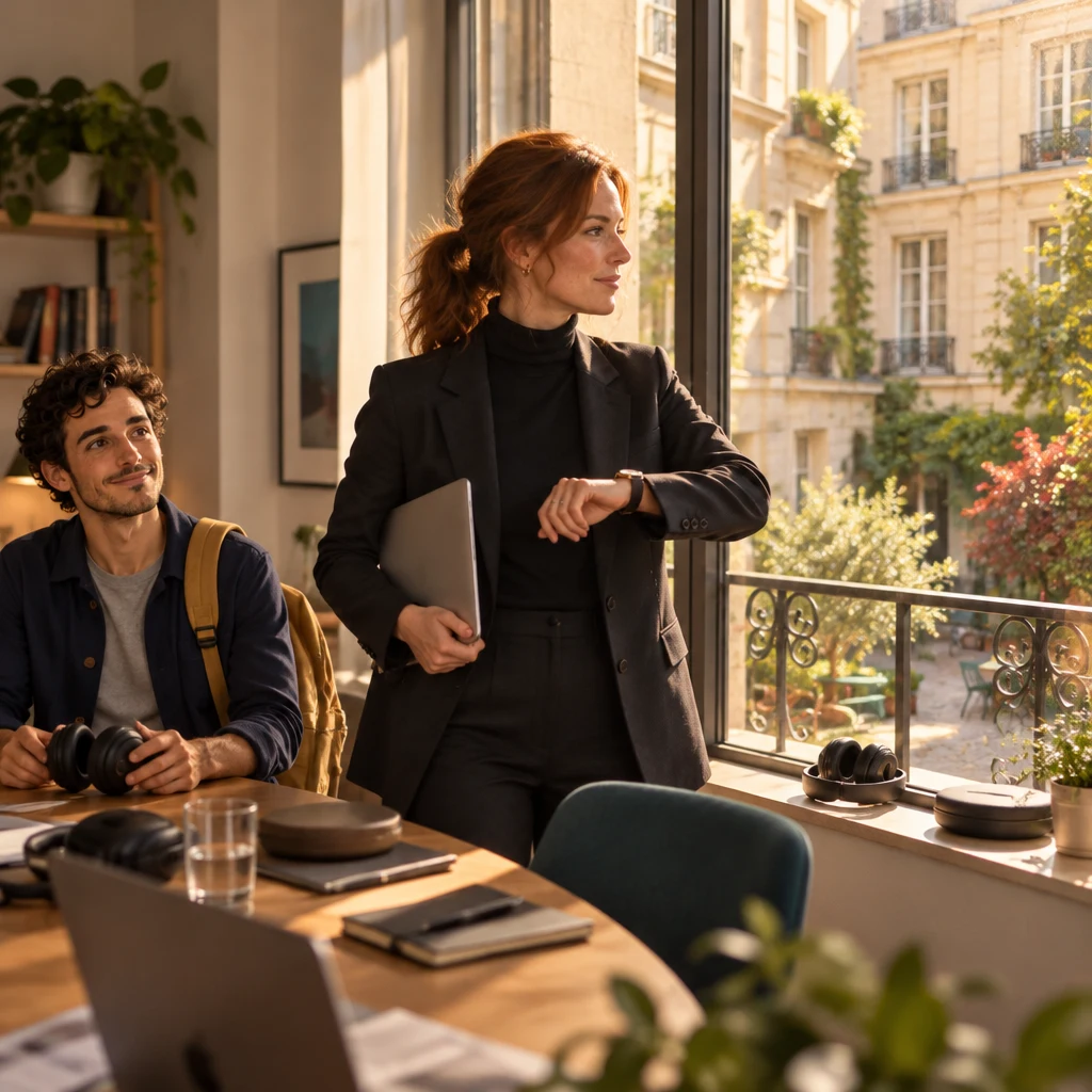 The bright courtyard window fills the view, with Claire and Sam soft in the office as Claire checks how little time is left.