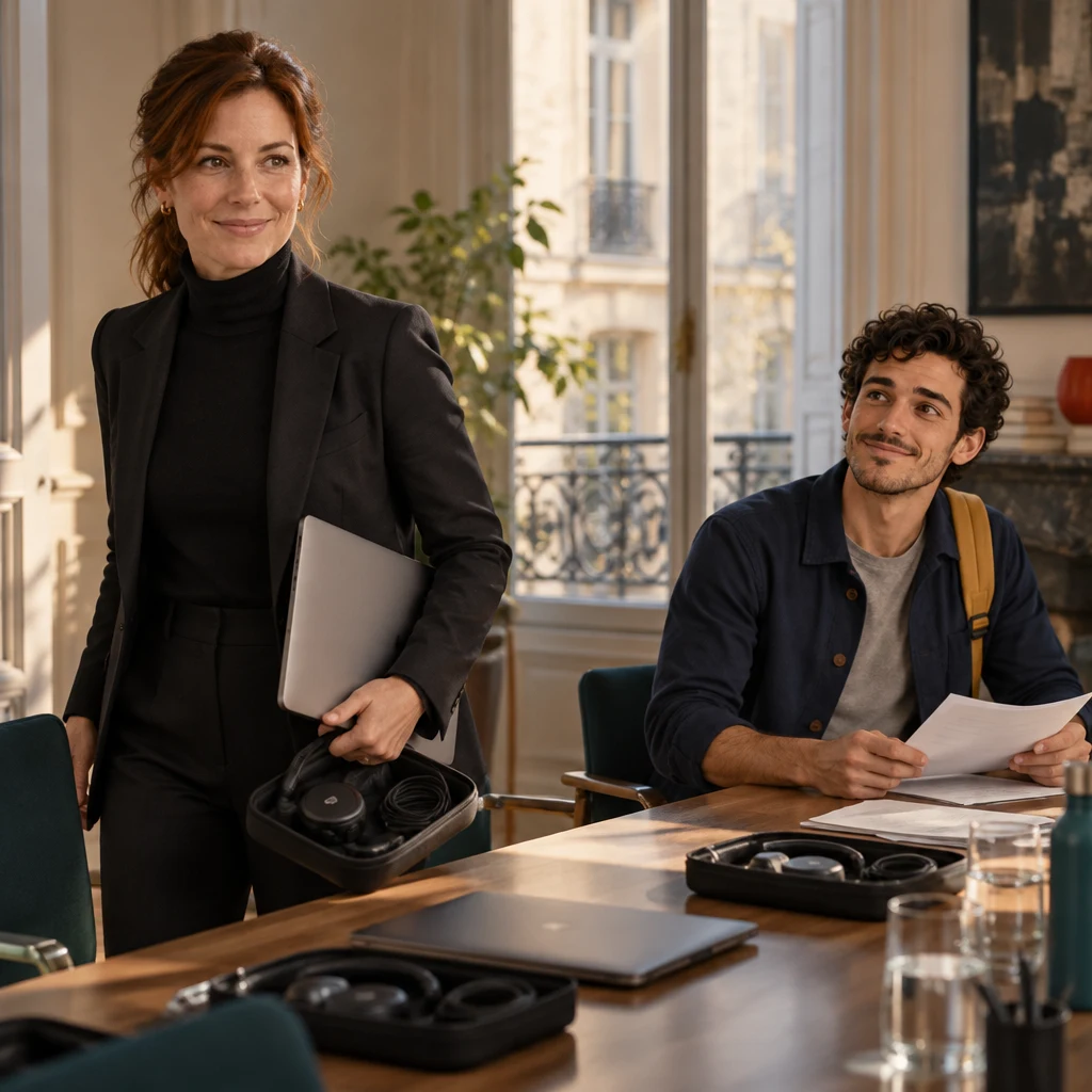 Claire stands and gathers a headset kit to end the meeting while Sam stays seated with leftover papers.