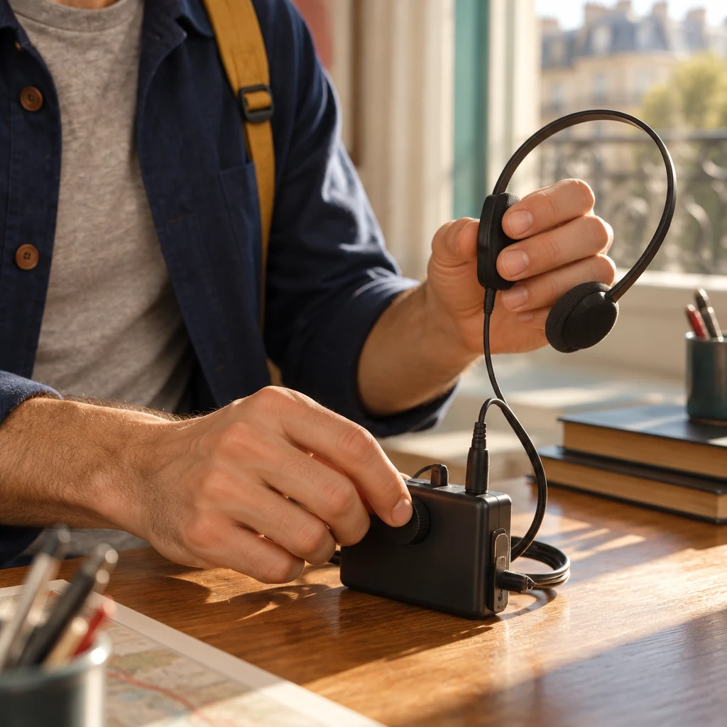 Sam's hands stay on a headset and the audio control of a museum-guide kit.