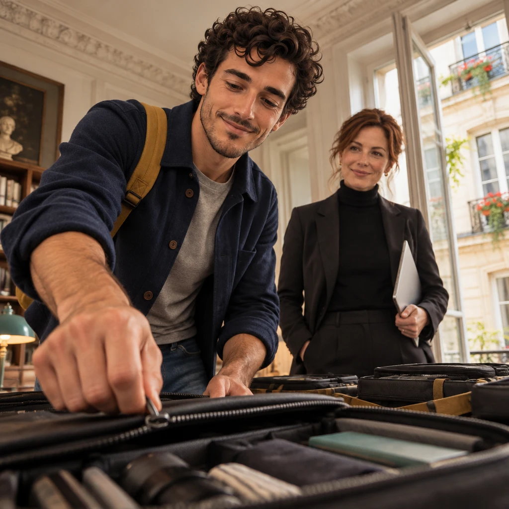 From a low angle, Sam leans forward and zips a museum-guide kit shut with a sure, nearly-ready gesture.