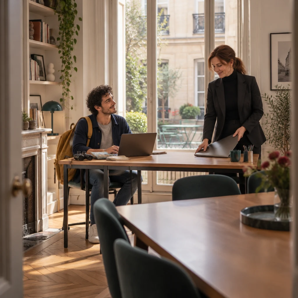 Late morning in a small office, Claire sets a laptop on Sam's desk beside a museum-guide kit while Sam sits at an open laptop by a bright courtyard window.
