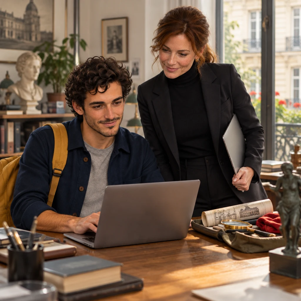Sam leans toward an open laptop to start a short work message while Claire stands beside the desk and checks the screen.