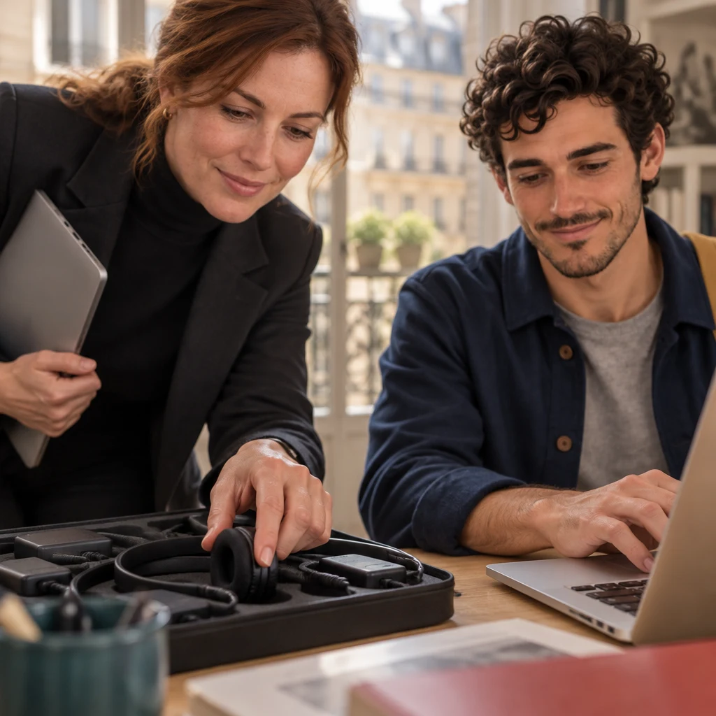 Close on the desk, Claire taps the audio-guide headphones and the laptop while Sam's hands wait on the keys.