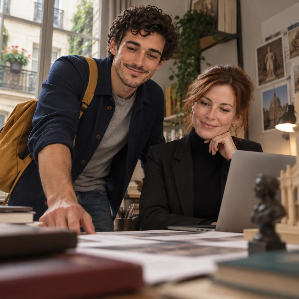 Sam leans toward the desk in an open, confident pose over the work.