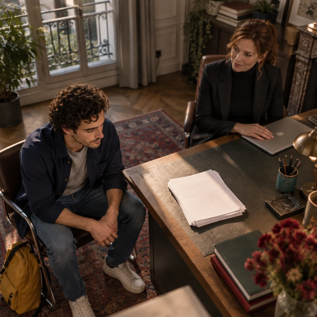 Sam sits slack in a visitor chair with the mustard backpack on the floor, turned toward a blank stack of papers.