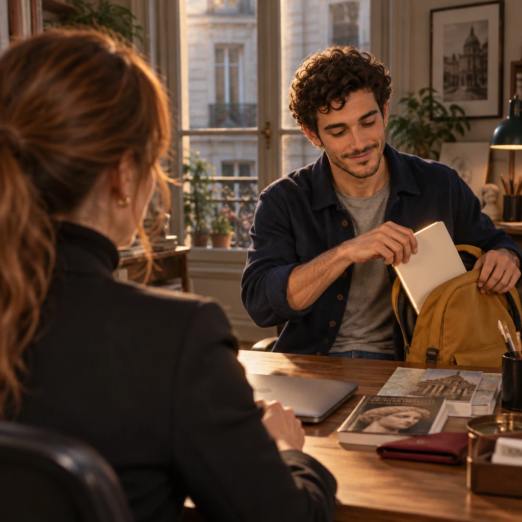 From behind Claire, Sam pulls a blank notebook from the mustard backpack, set on getting the work done.