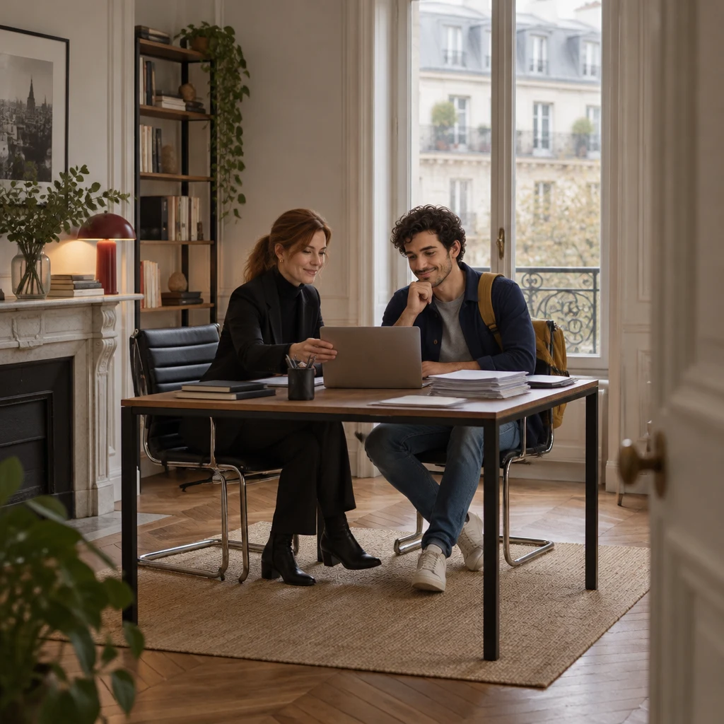 Claire turns the laptop toward Sam in a small Paris office, a courtyard window behind Sam.