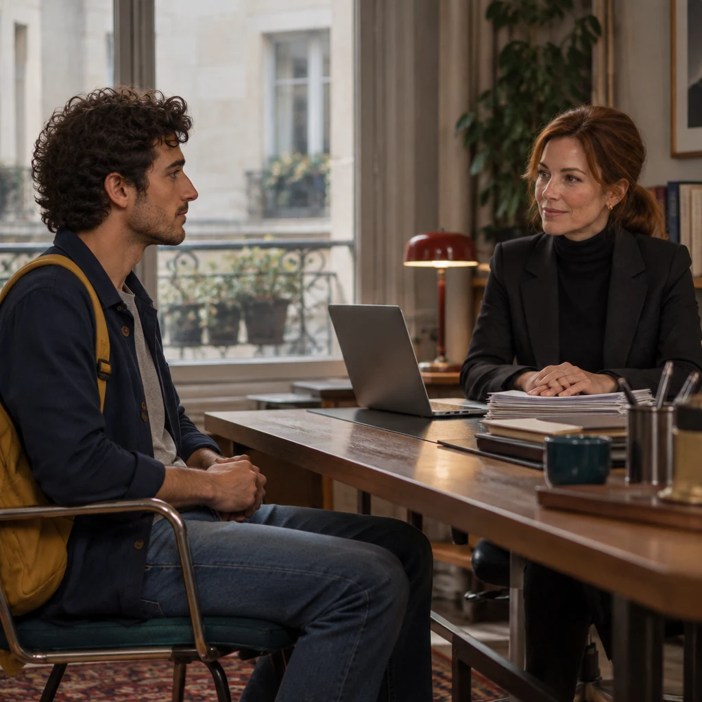 Sam sits in profile with hands drawn back, still cautious, while Claire keeps both hands on the papers.