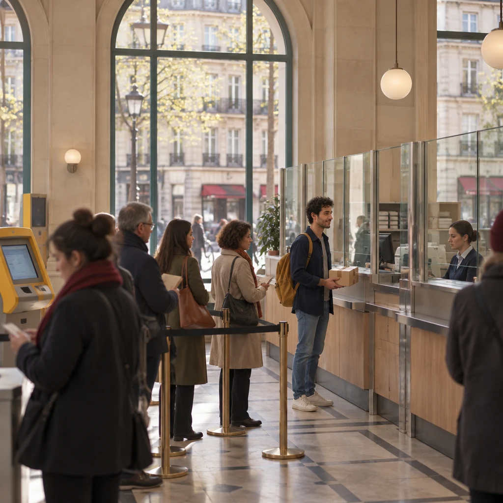A wide morning view of the post office near Oberkampf, with Sam next in line holding a small over-taped box, a clerk waiting behind glass, and a ticket machine to the side.