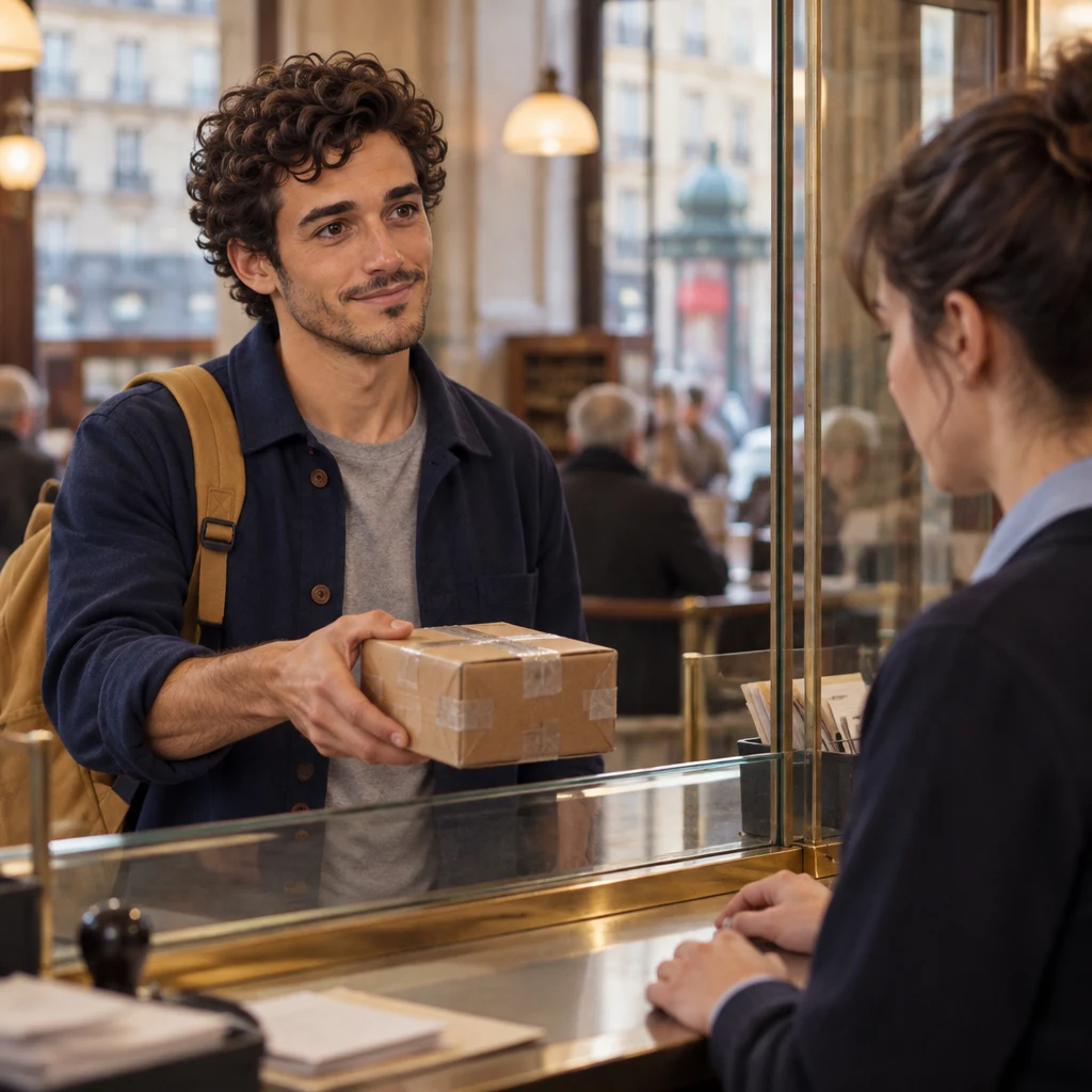 Sam holds the small taped parcel out toward the clerk at the glass counter.