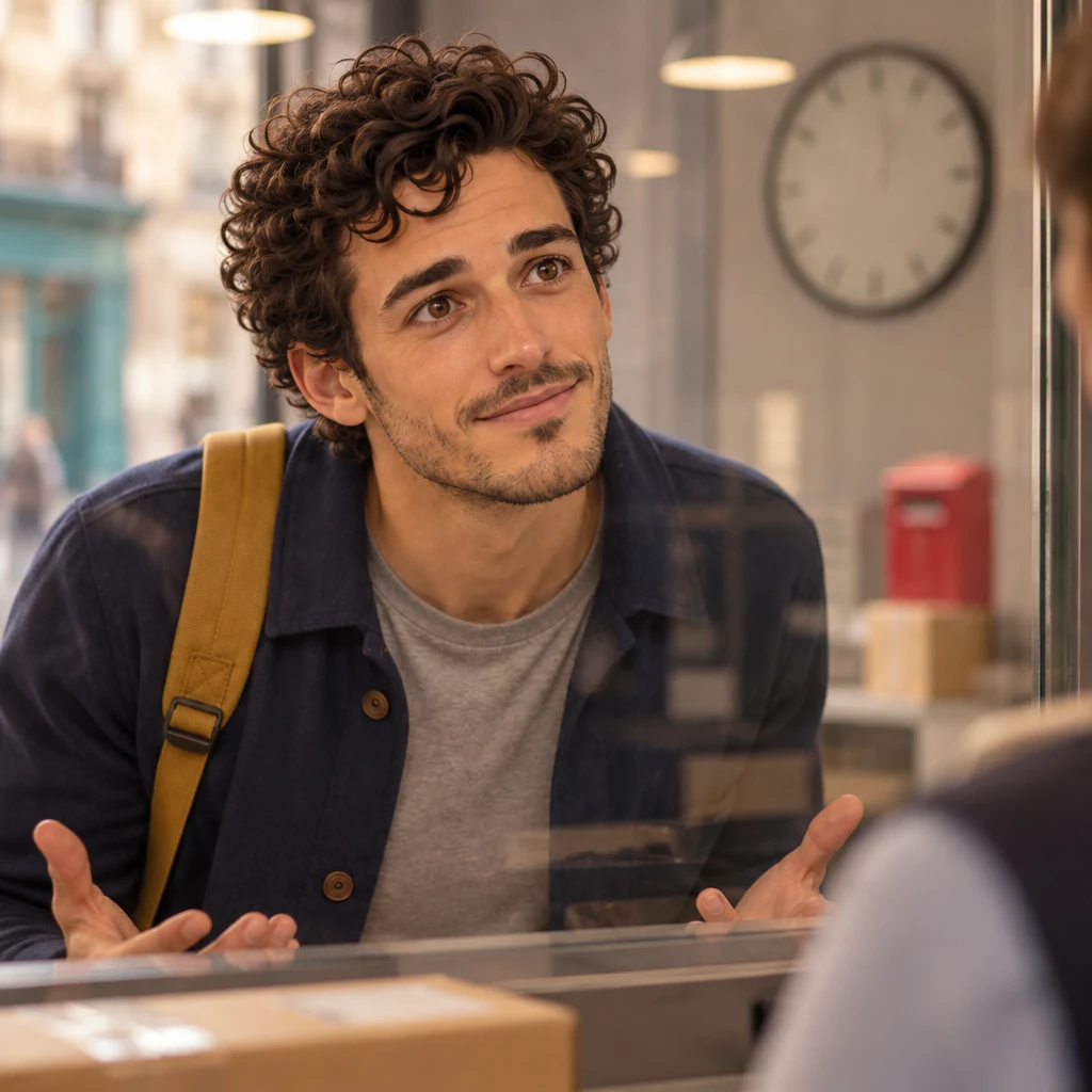 Sam leans toward the glass with a how-long gesture, a blank wall clock behind him.