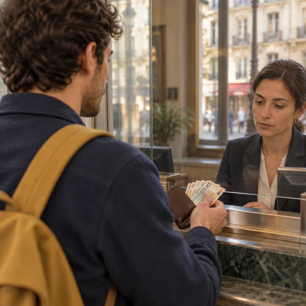 Over Sam's shoulder, an open wallet and unmarked banknotes are offered toward the clerk behind the glass.