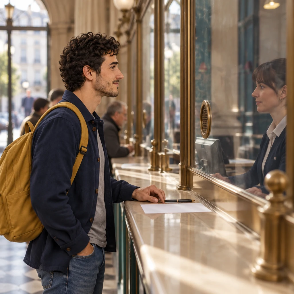 Sam stands in profile at the counter with a blank sheet and a pen, body turned toward the clerk.