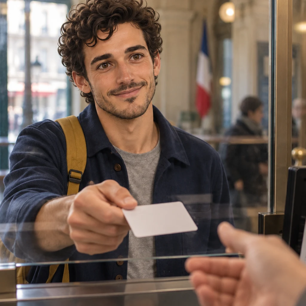 Through the glass from the clerk's side, Sam holds out a blank identity card.