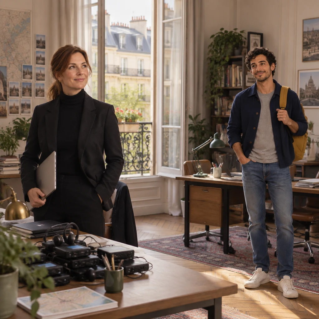 A small sunlit office with an open courtyard window, Claire holding a laptop under one arm, audio-guide kits on a desk, and Sam waiting at another desk.