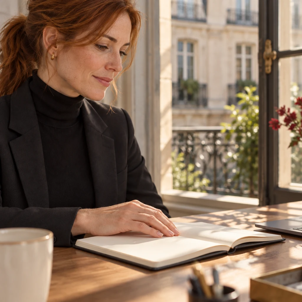Claire's hand rests on a blank notebook by the open window as if marking an important day.