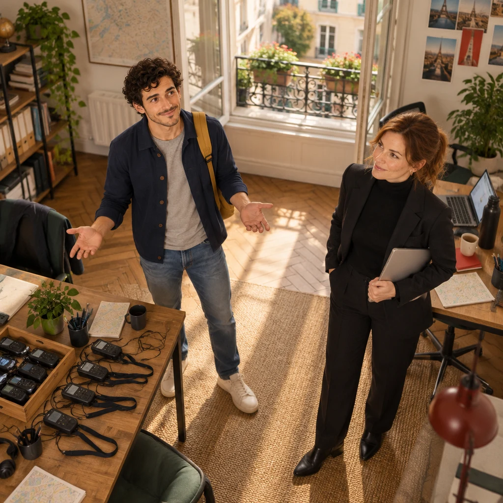 From above, Sam stands between the desks with open hands, asking whether someone can cover, while Claire listens.