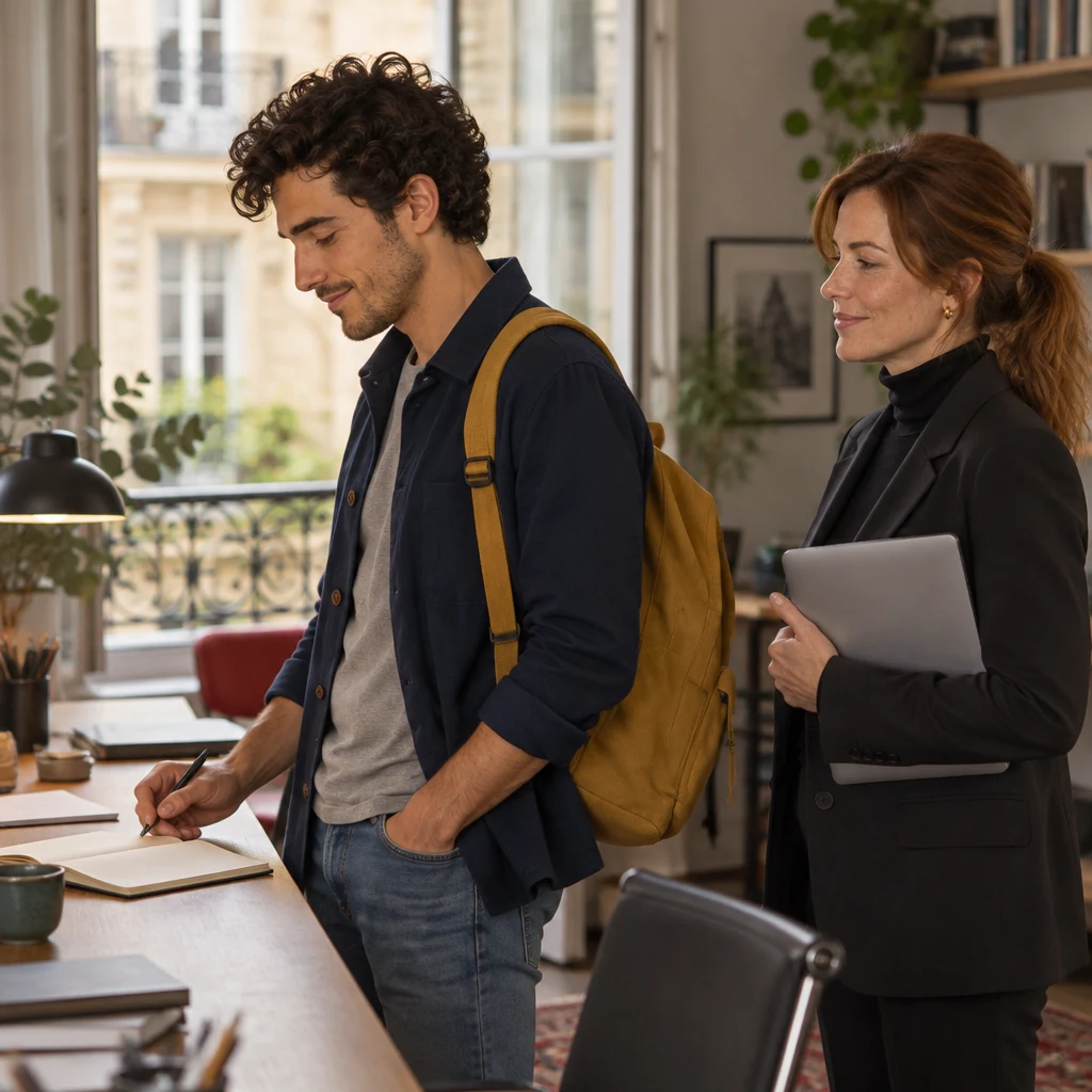 In profile, Sam checks a blank notebook at a desk while Claire stands nearby, already having agreed.