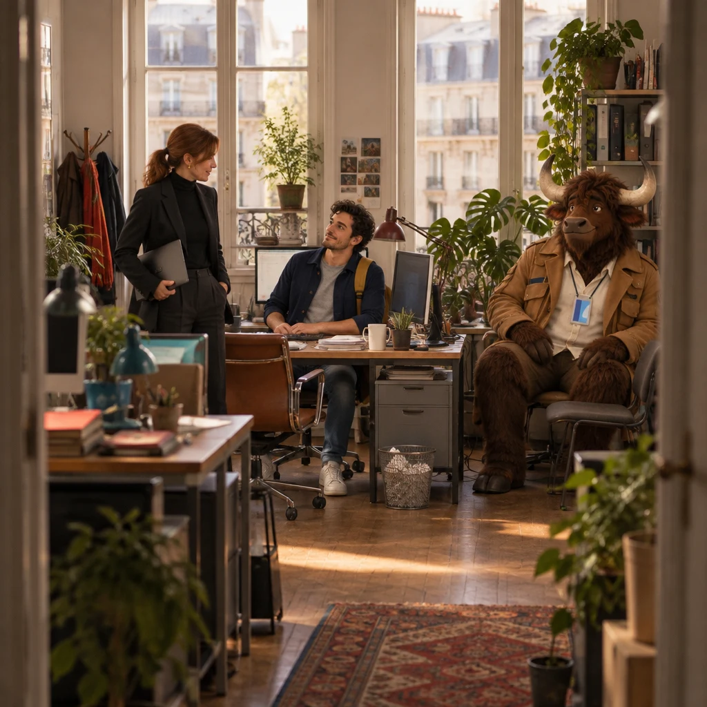 A wide view of a small Paris office where Claire stands with a laptop under one arm, Sam listens from a desk, and Gaspard sits across extra chairs.