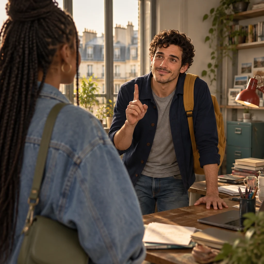 Over Inès's shoulder, Sam leans on a desk and raises one finger to keep the message to a single point.