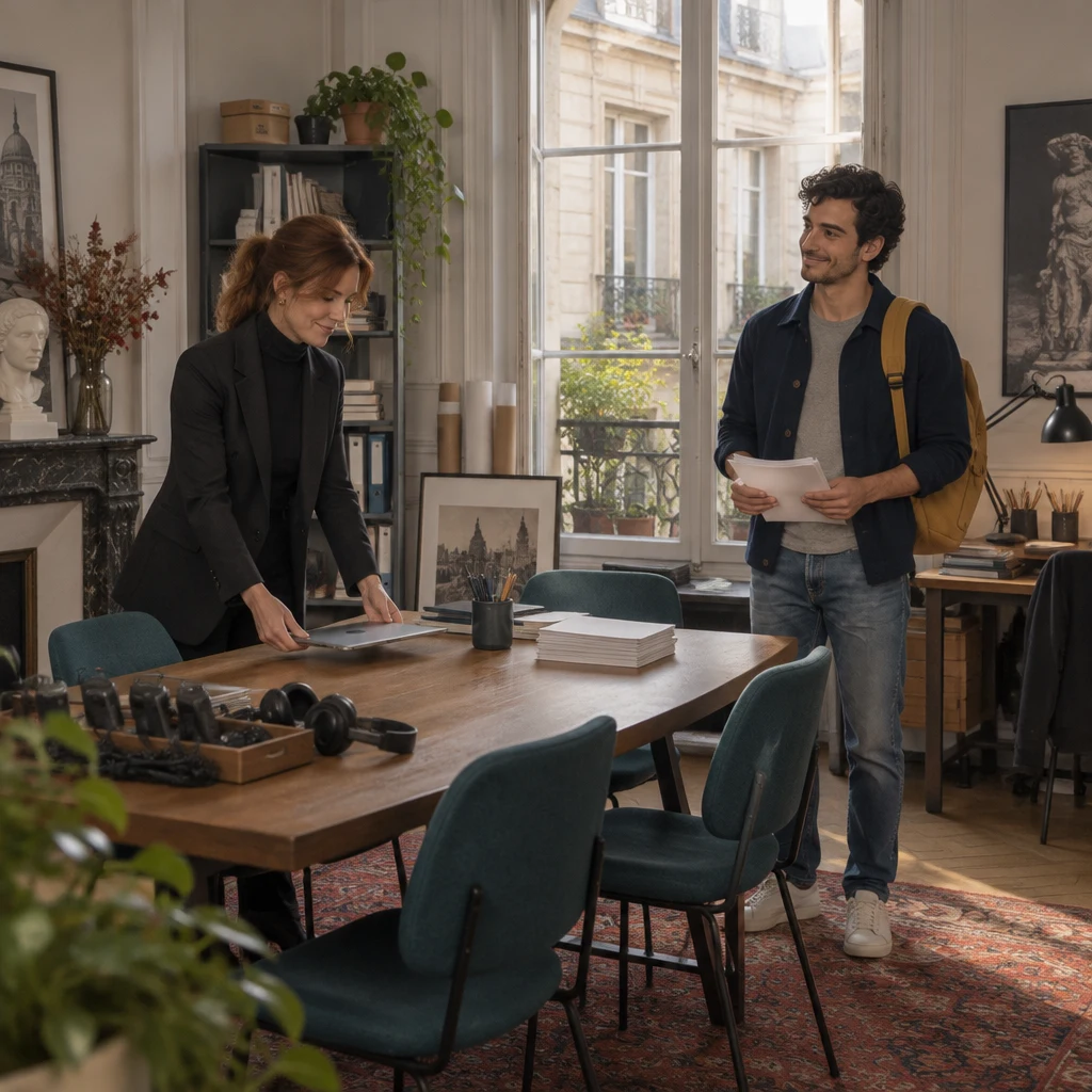 Claire sets a laptop on the meeting table while Sam waits in the small office by the courtyard window.
