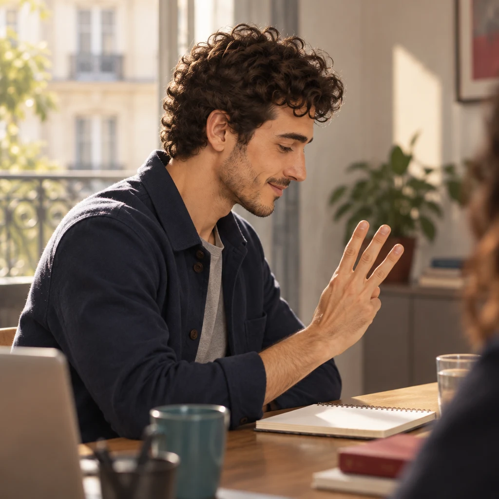 Sam raises three fingers over a plain notepad at the meeting table, courtyard light behind one shoulder.